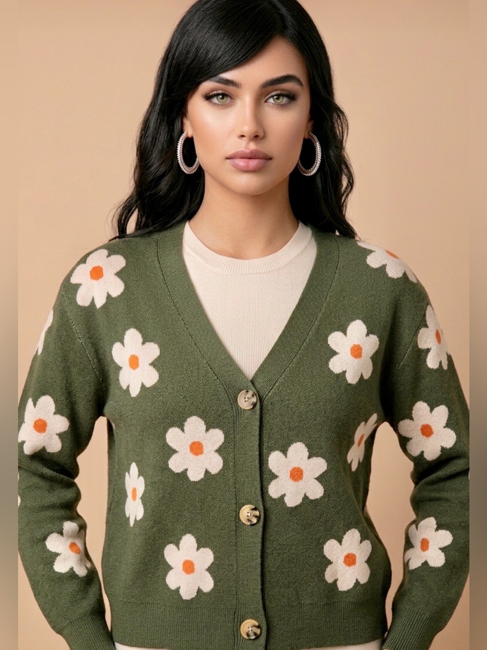 Willow & Wind NWOT Olive Daisy Knit Cardigan Sweater - White & Orange Floral M - Picture 8 of 8